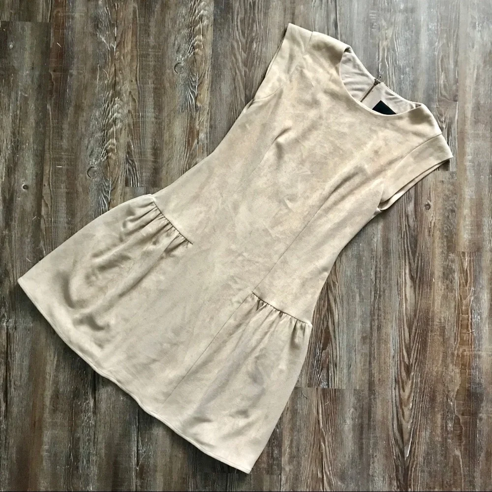 Greylin Nude Faux Suede Saulina Neutral Short Sleeve Minimalist Dress - Picture 3 of 5